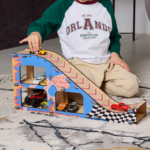 Personalized Montessori Wooden Car Jump Ramp & Parking Garage - FistikPuzzles