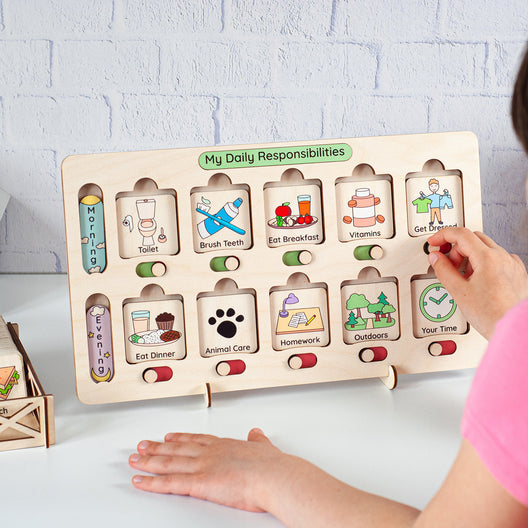 Wooden Montessori Chore Chart & Routine Board for Kids - FistikPuzzles