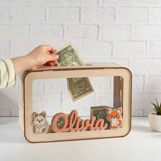 Personalized Wooden Piggy Bank with Name | Custom Money Box for Kids - FistikPuzzles