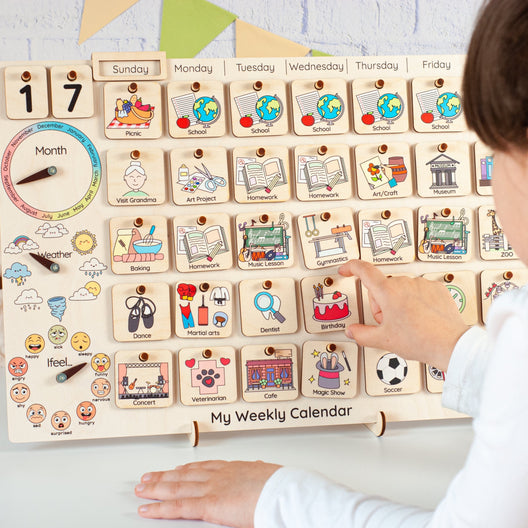 Handcrafted Wooden Weekly Planner for Kids, Montessori Calendar, Wooden Visual Schedule, Chore Chart For Kids - FistikPuzzles