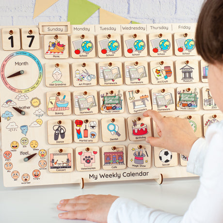 Handcrafted Wooden Weekly Planner for Kids, Montessori Calendar, Wooden Visual Schedule, Chore Chart For Kids - FistikPuzzles