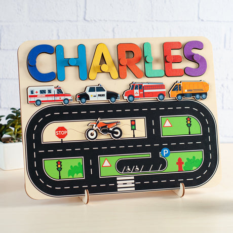 Road Traffic Wooden Puzzle, Montessori Wooden Name Puzzle, Personalized Puzzle - FistikPuzzles